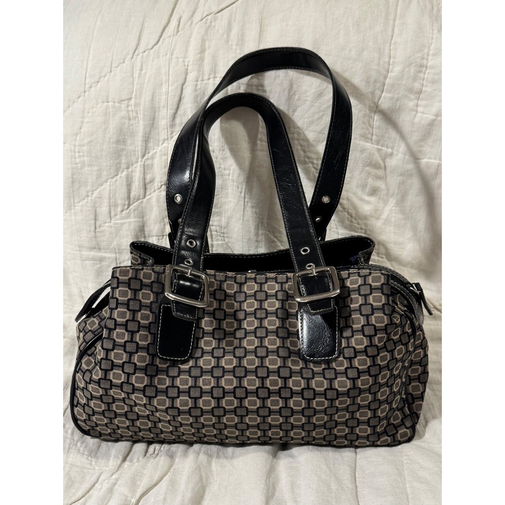 Nine West Geometric Print Satchel Shoulder Bag Black Tan with Coin Pouch Large - Picture 2 of 16